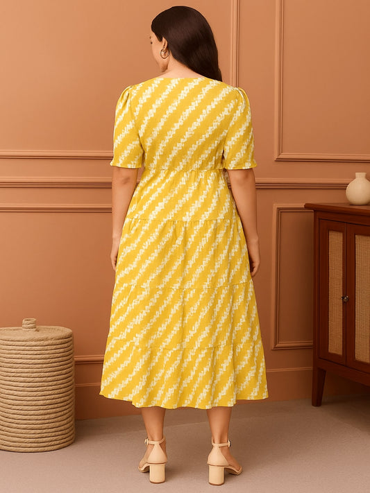 Printed Puff Sleeve Fit & Flare Midi Dress