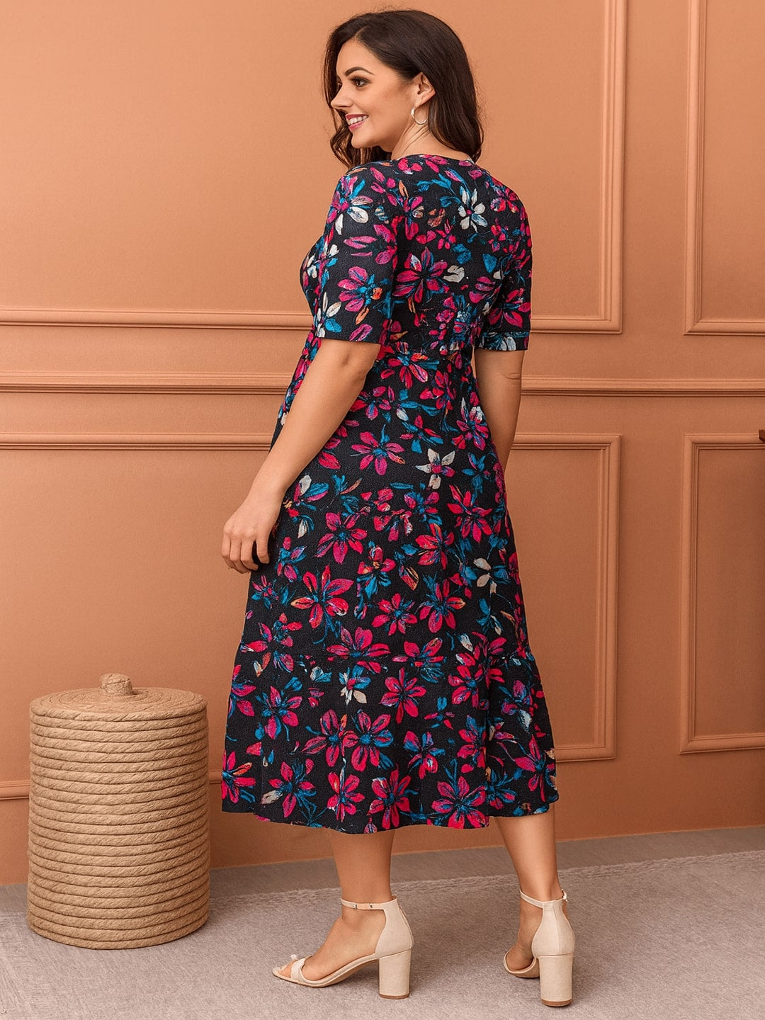 Women Floral Printed Pure Cotton Tiered Fit & Flare Midi Dress