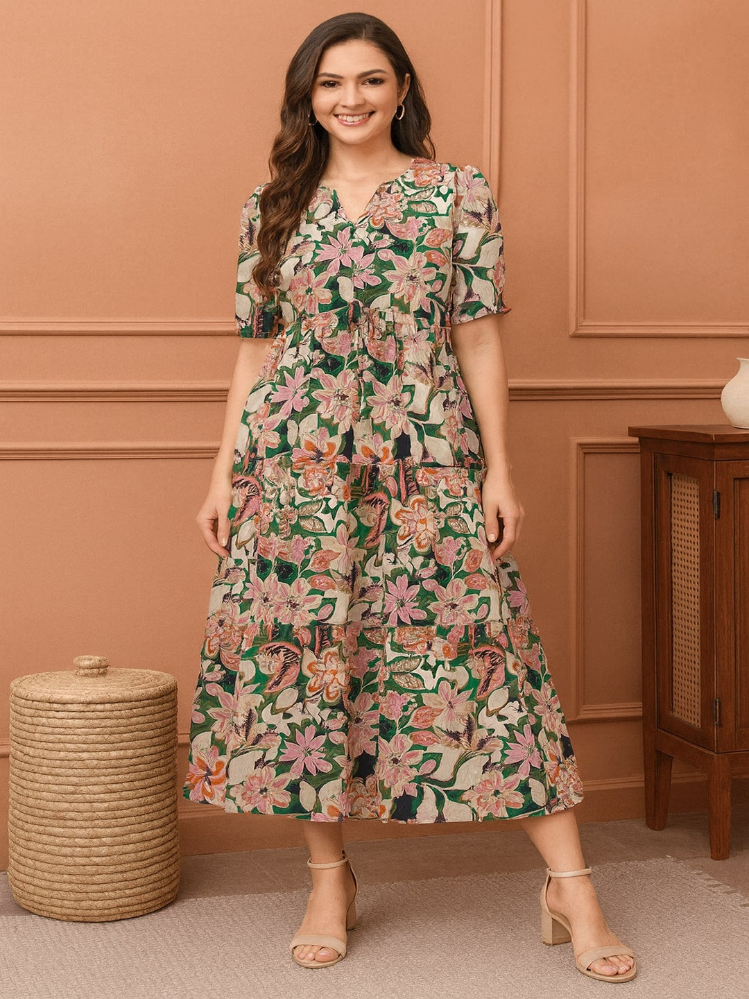 Women Floral Printed Pure Cotton A-Line Midi Dress
