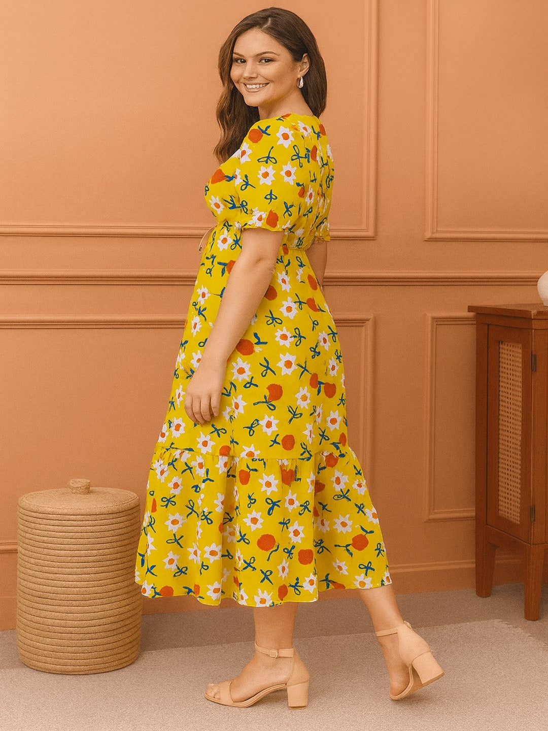 Floral Printed Puff Sleeves Fit & Flare Midi Dress