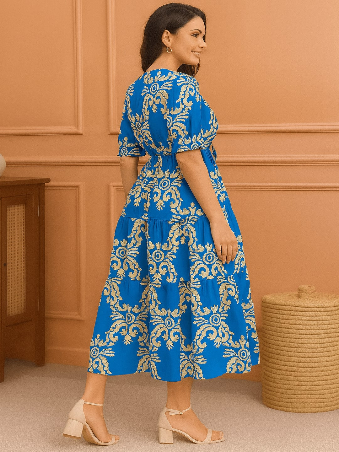 Women Floral Printed Puff Sleeve Cotton Fit & Flare Midi Dress