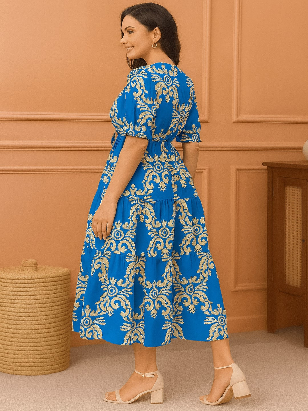 Women Floral Printed Puff Sleeve Cotton Fit & Flare Midi Dress