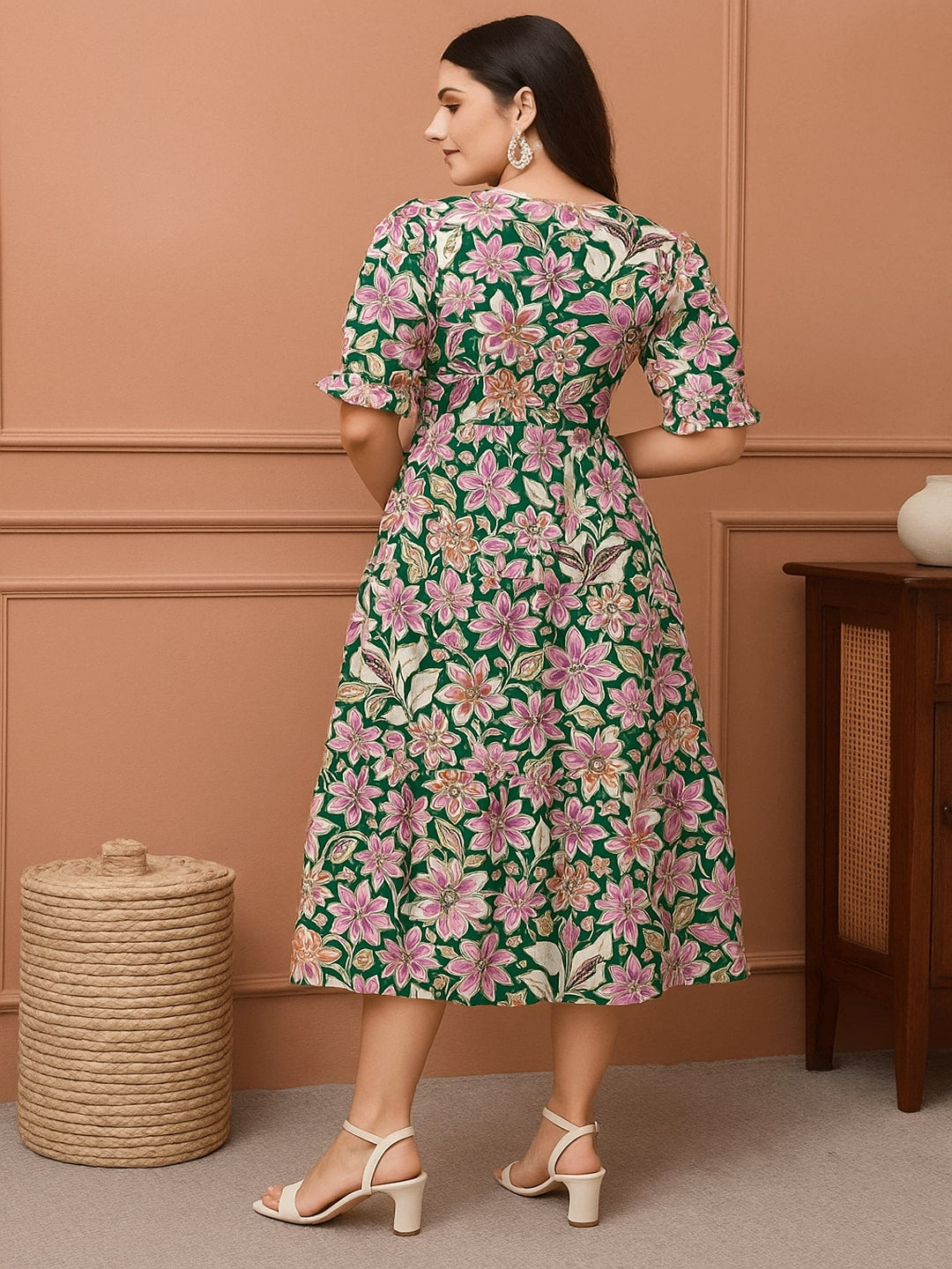 Women Floral Printed Pure Cotton A-Line Midi Dress