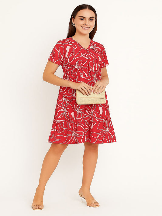 GAB Printed Gathered Dress Red