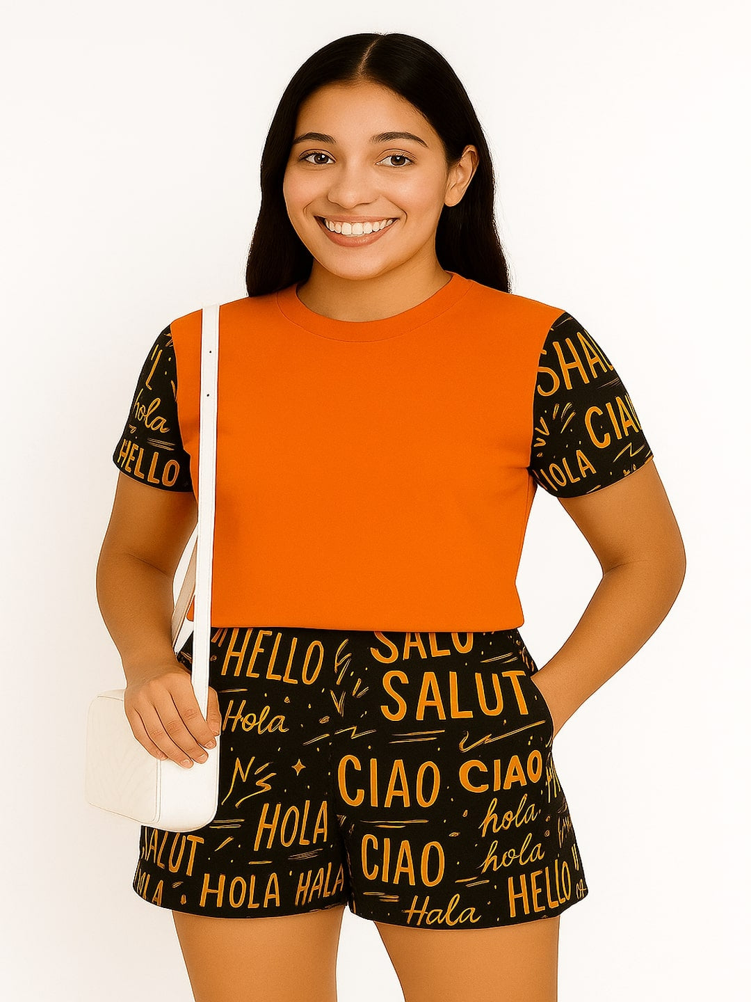GAB 100% Cotton Adult-Women Solid Top With  Printed Shorts Co-Ord Set