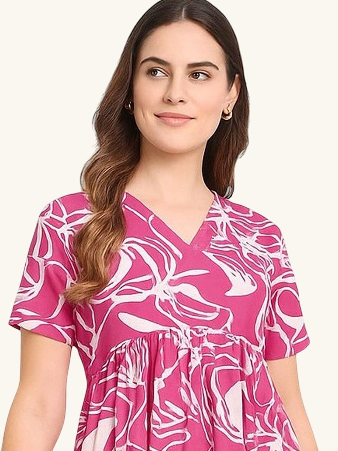 GAB 100% Cotton Adult-Women Abstract printed Gathered Dress