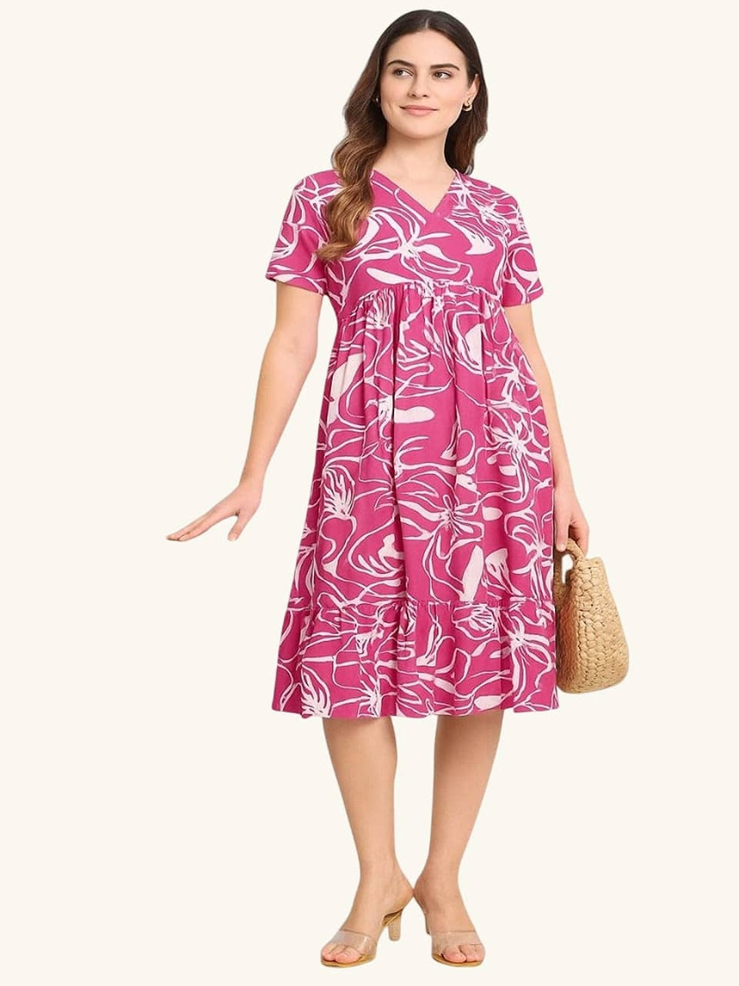 GAB 100% Cotton Adult-Women Abstract printed Gathered Dress
