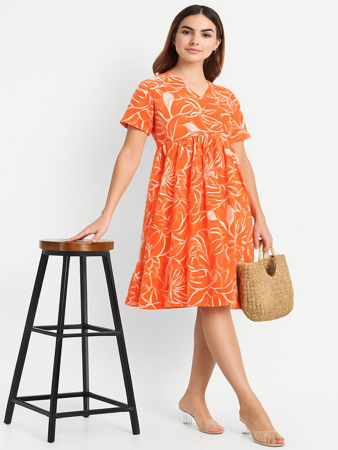 GAB 100% Cotton Adult-Women Abstract printed Gathered Dress