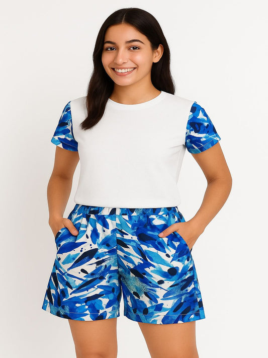 GAB 100% Cotton Adult-Women Solid Top With  Printed Shorts Co-Ord Set
