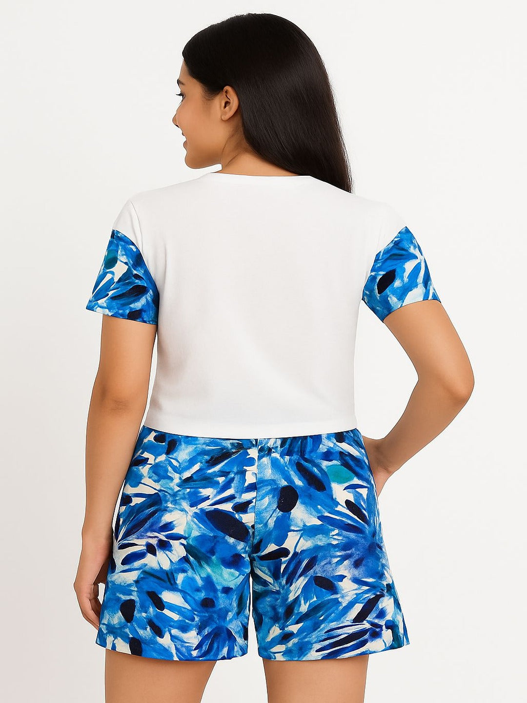 GAB 100% Cotton Adult-Women Solid Top With  Printed Shorts Co-Ord Set