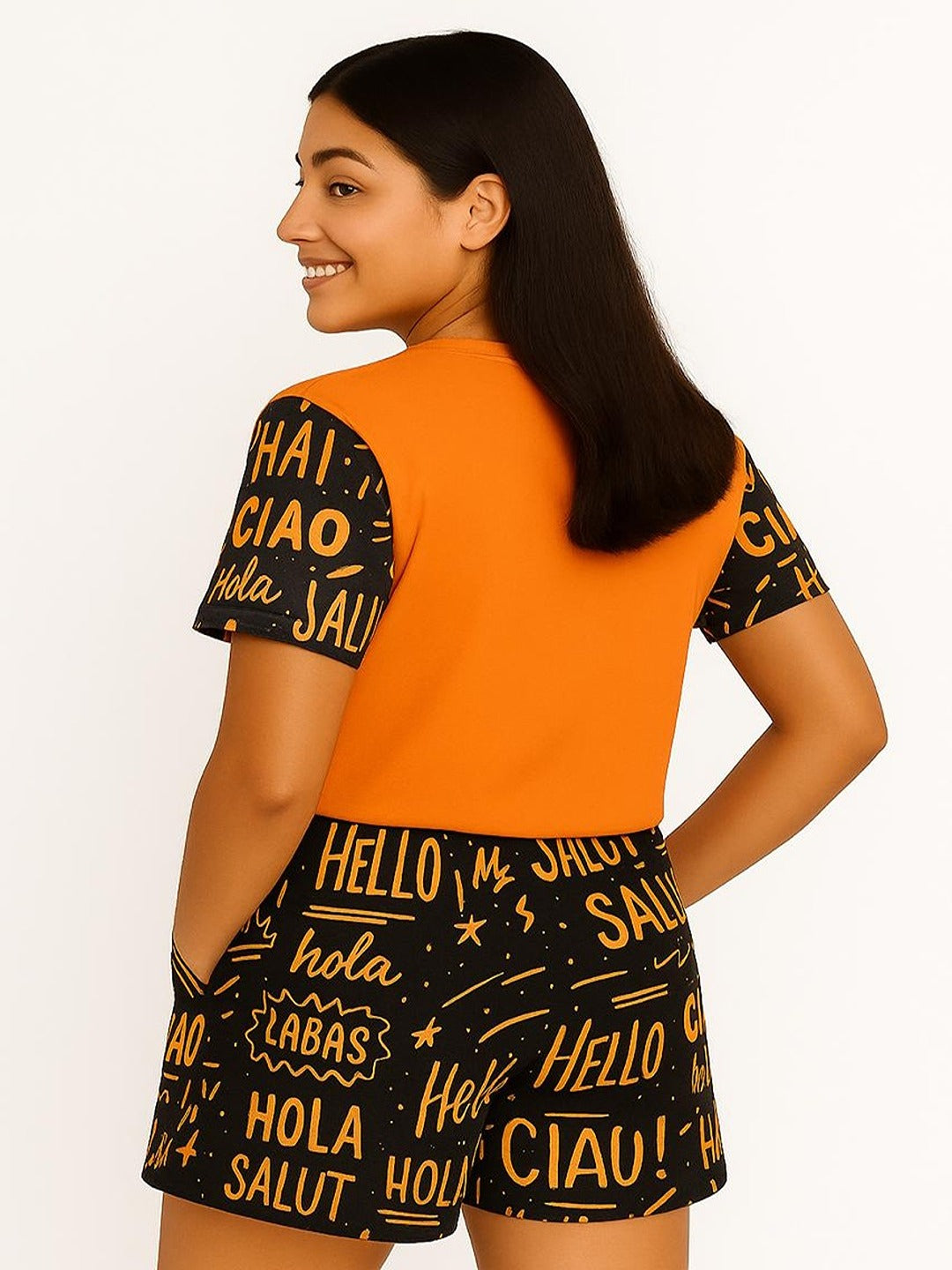 GAB 100% Cotton Adult-Women Solid Top With  Printed Shorts Co-Ord Set