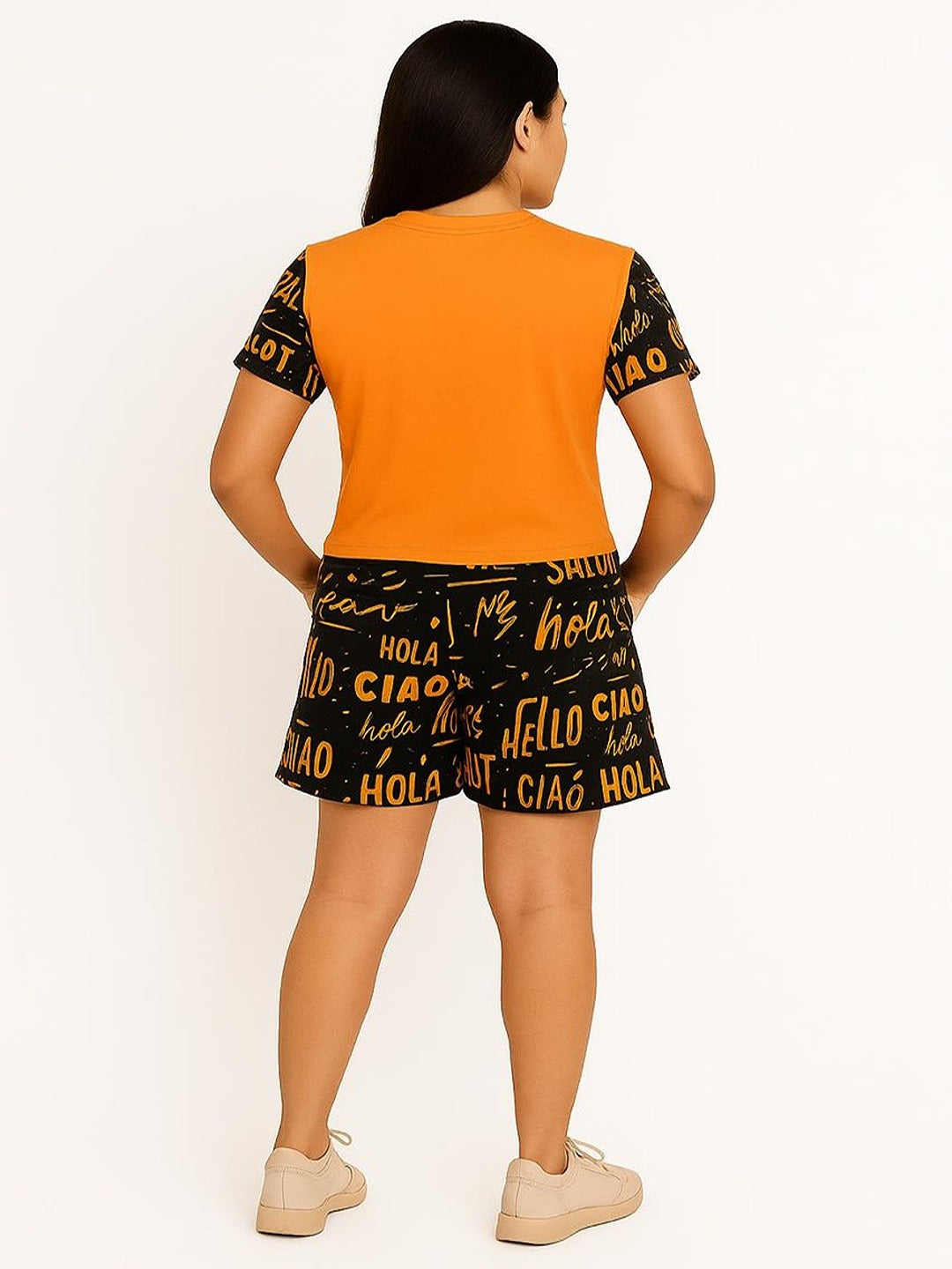 GAB 100% Cotton Adult-Women Solid Top With  Printed Shorts Co-Ord Set
