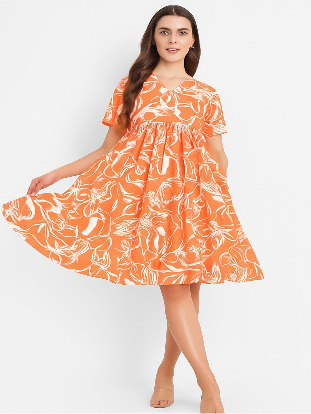 GAB Printed Gathered Dress Orange