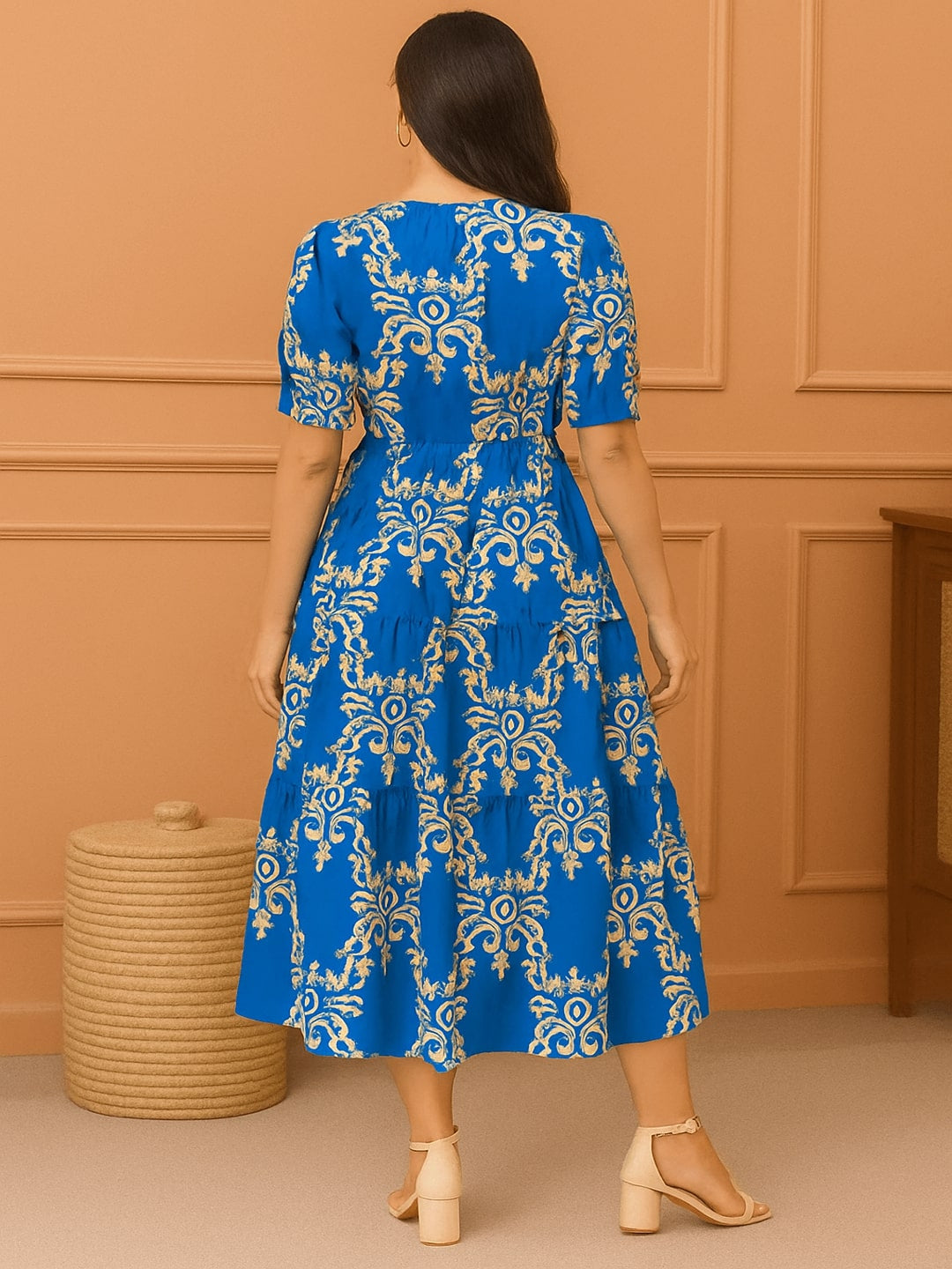 Women Floral Printed Puff Sleeve Cotton Fit & Flare Midi Dress
