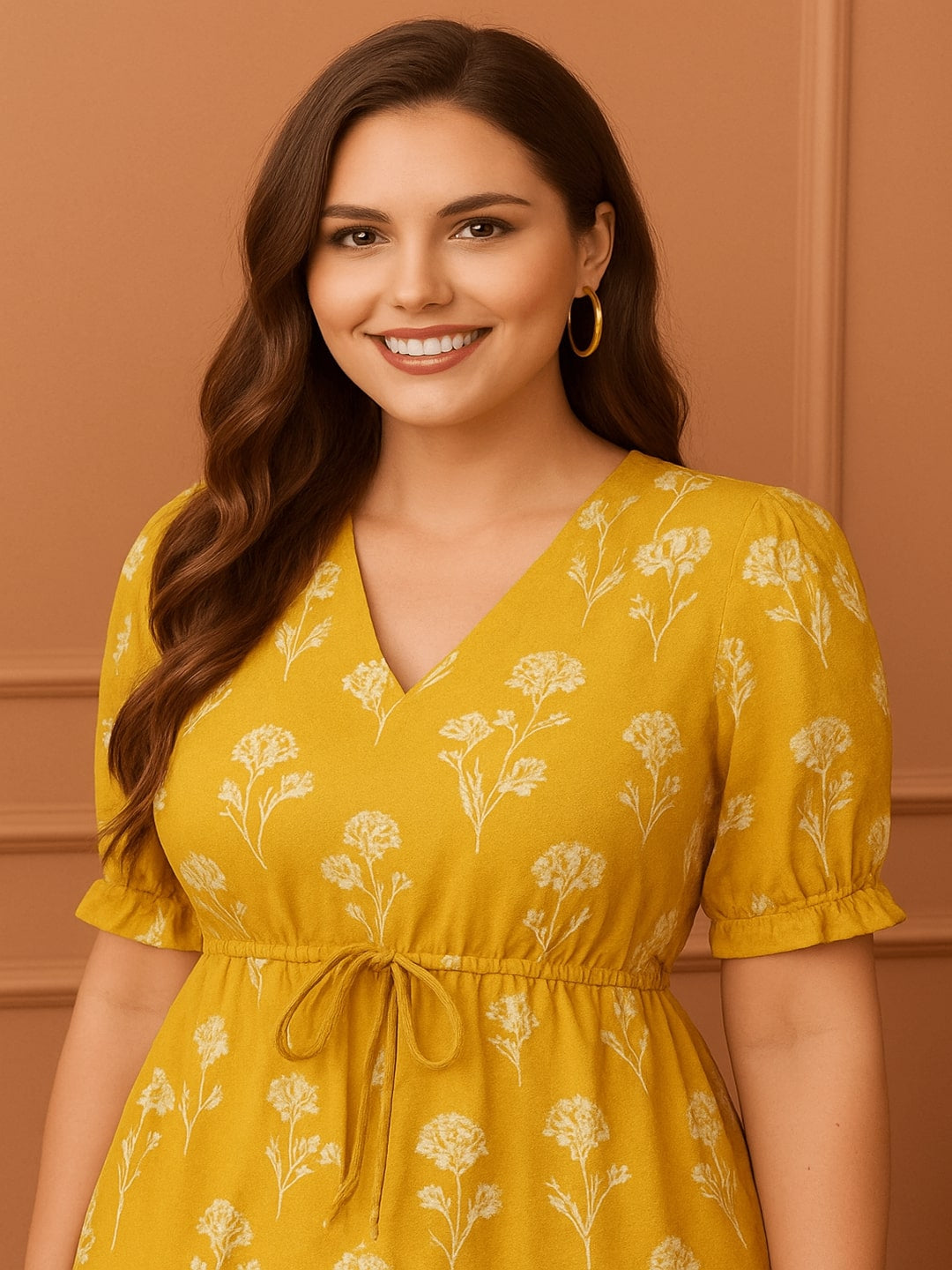 Women Floral Printed V-Neck Tiered Puff Sleeve Pure Cotton Fit & Flare Midi Dress