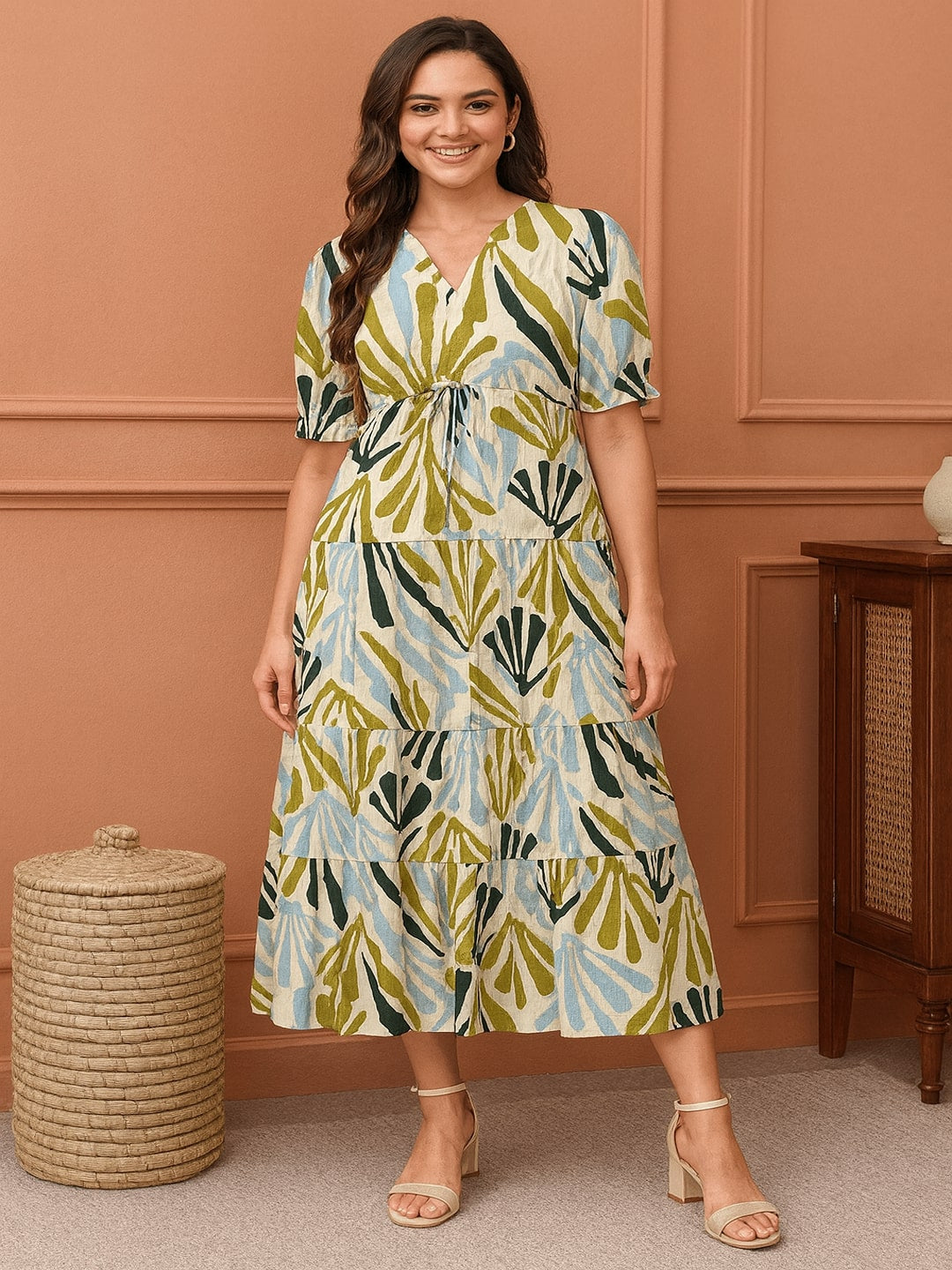 Women Abstract Printed Gathered Cotton Fit & Flare Midi Dress