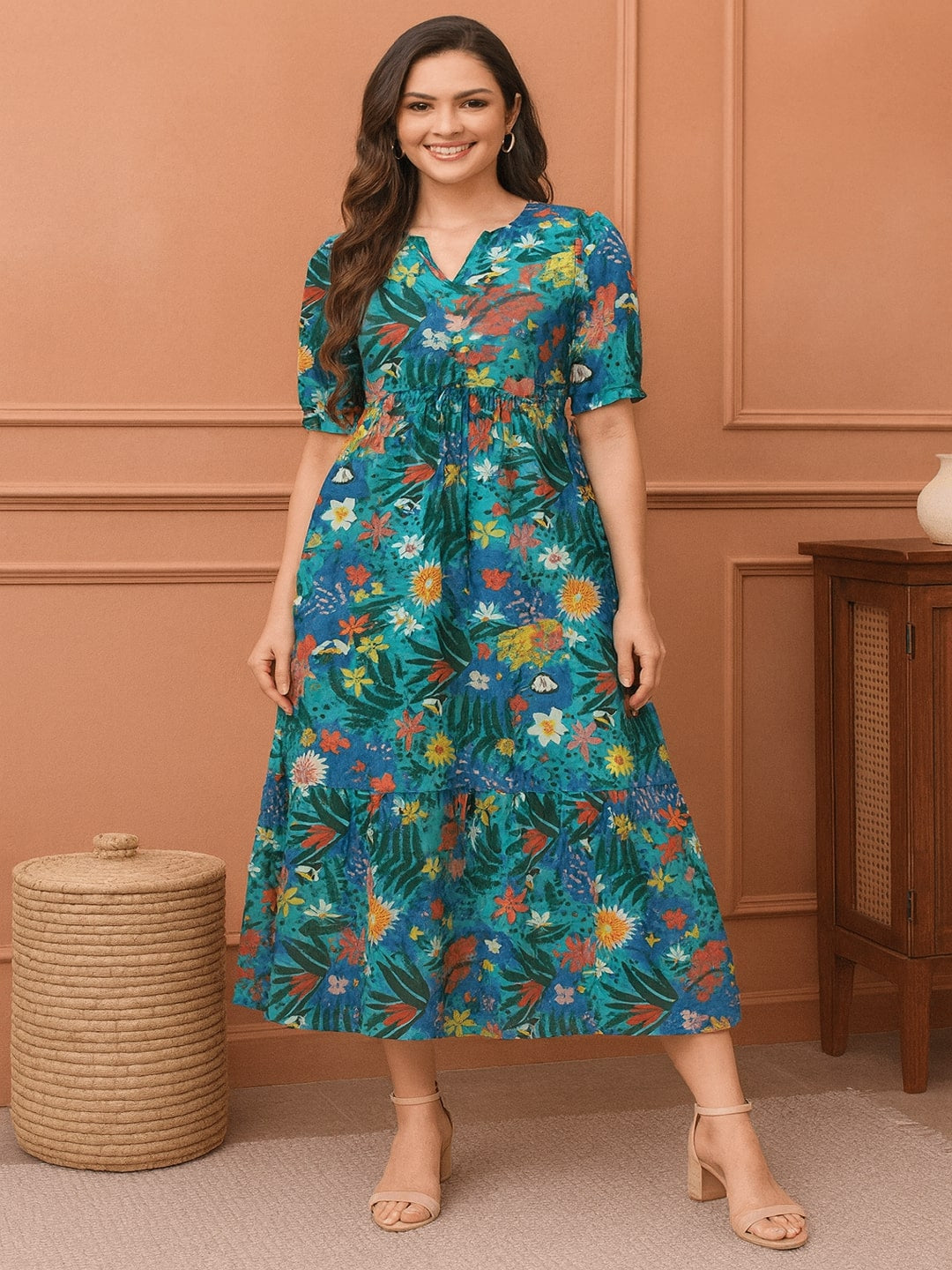 Women Floral Printed Puff Sleeve Cotton Fit & Flare Midi Dress