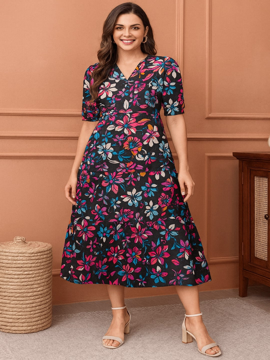 Women Floral Printed Pure Cotton Tiered Fit & Flare Midi Dress