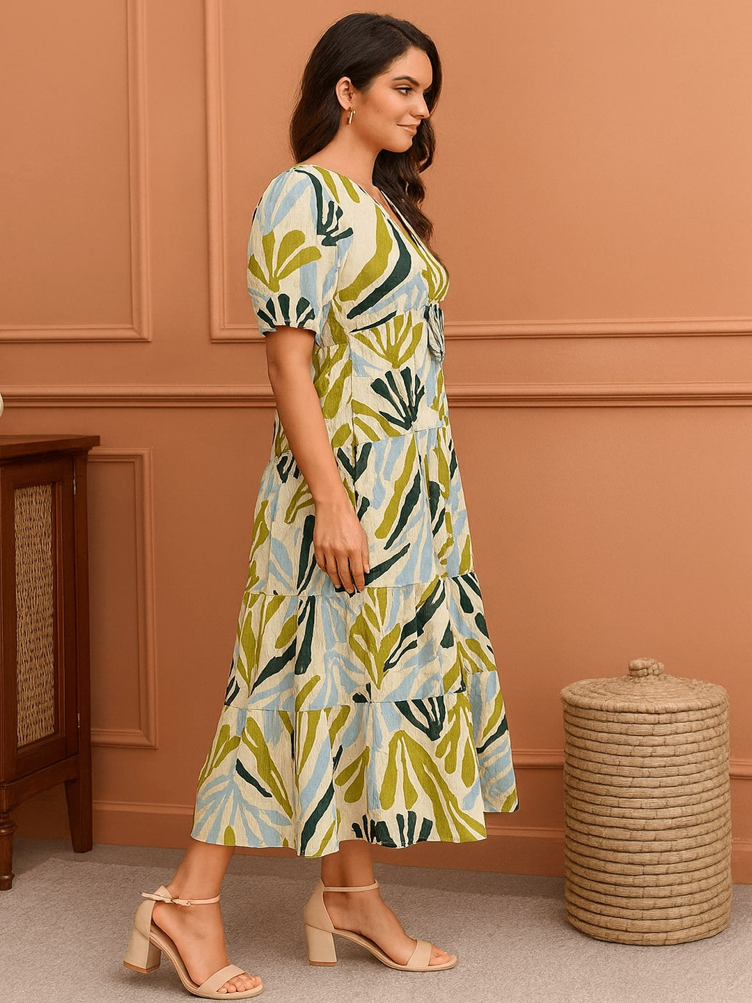 Women Abstract Printed Gathered Cotton Fit & Flare Midi Dress