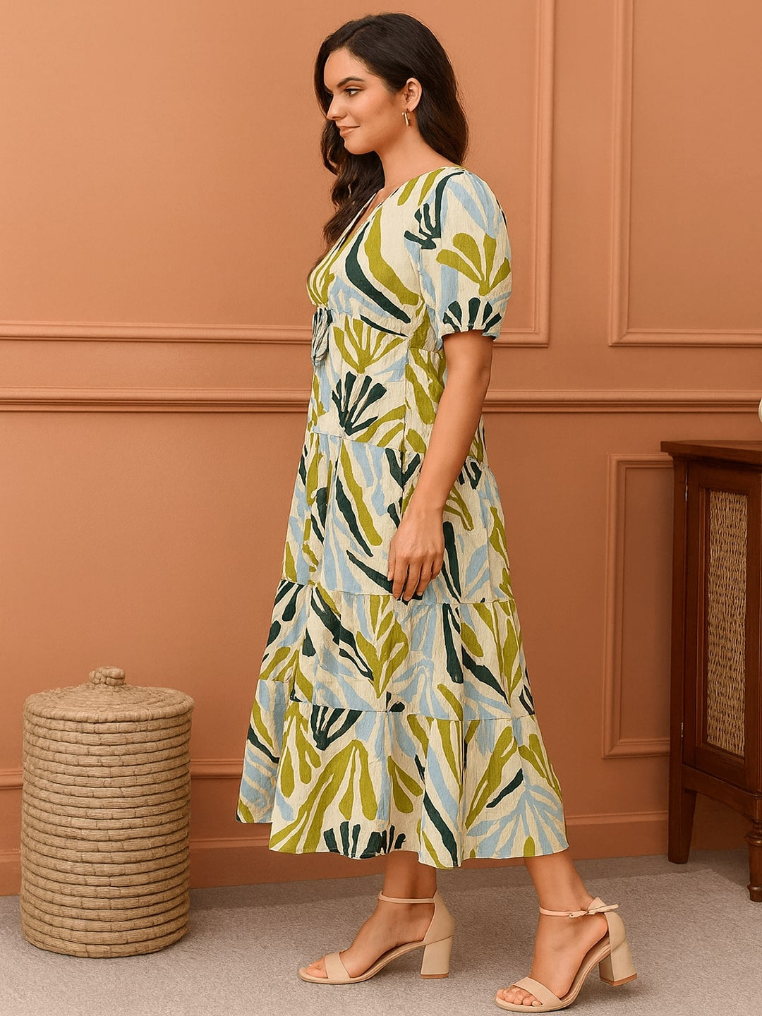 Women Abstract Printed Gathered Cotton Fit & Flare Midi Dress