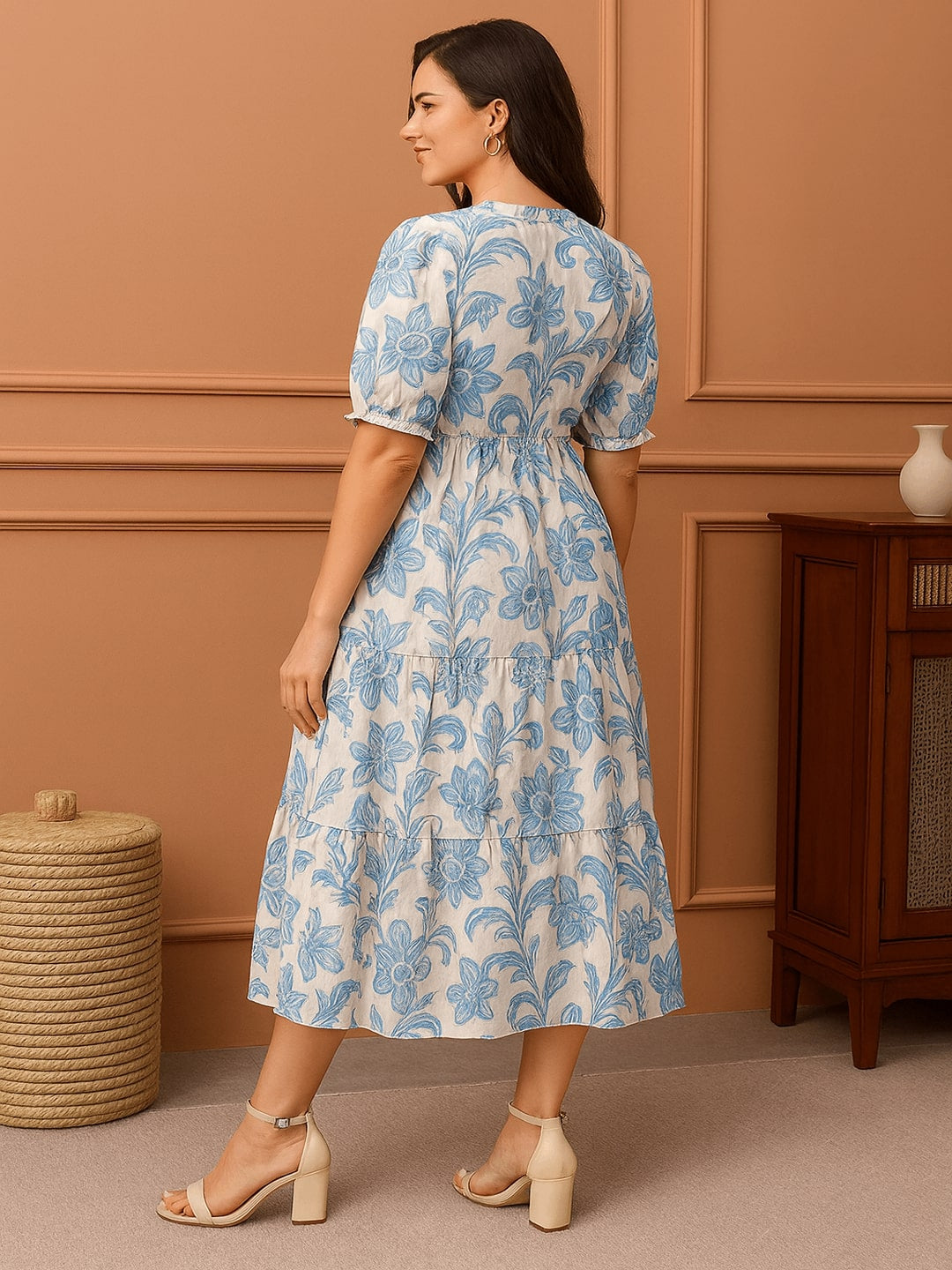 Floral Women Floral Printed Tiered A-Line Midi Dress
