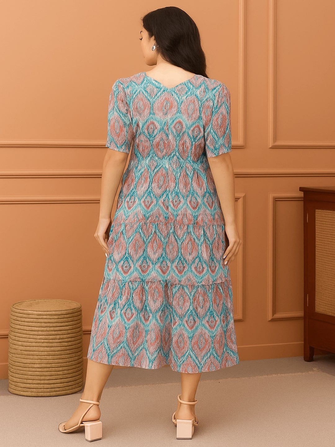 Printed Puff Sleeves Fit & Flare Midi Dress