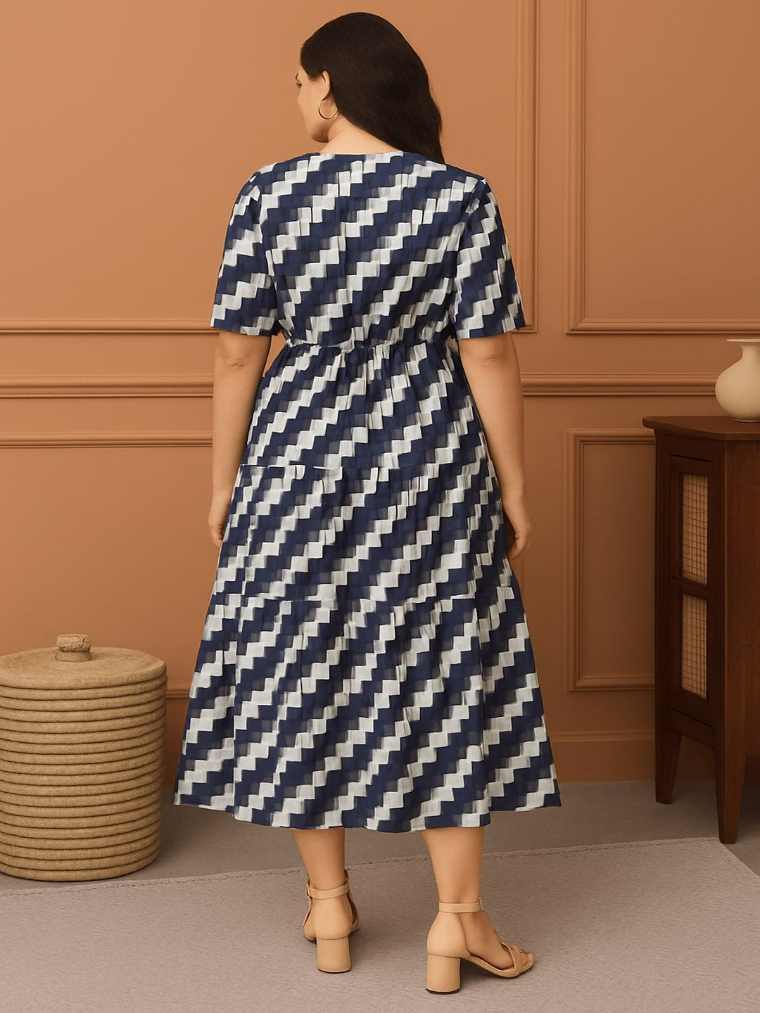 Women Geometric Printed Gathered Tiered Pure Cotton Fit & Flare Midi Dress