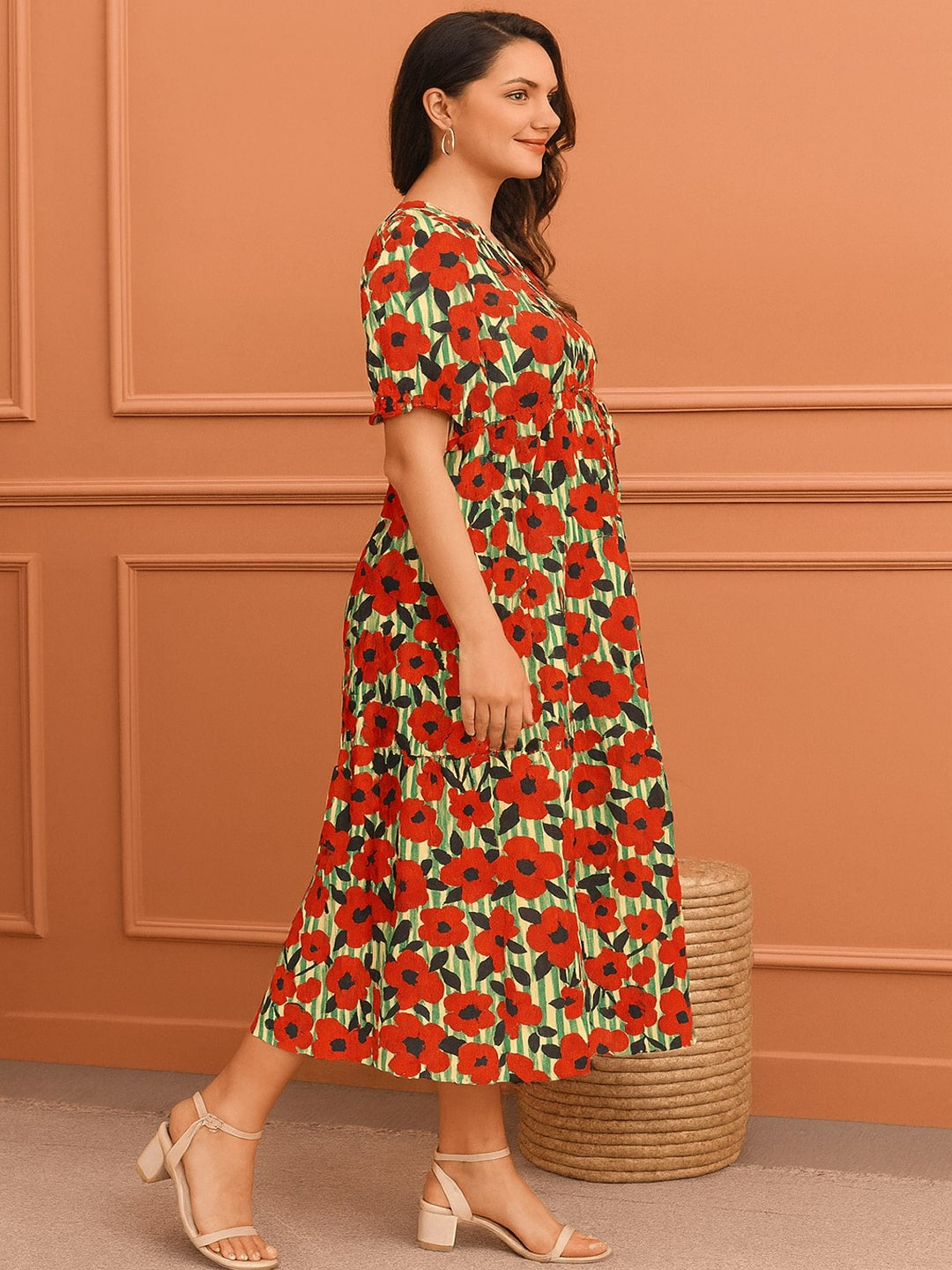 Women Floral Printed Pure Cotton Tiered Fit & Flare Midi Dress