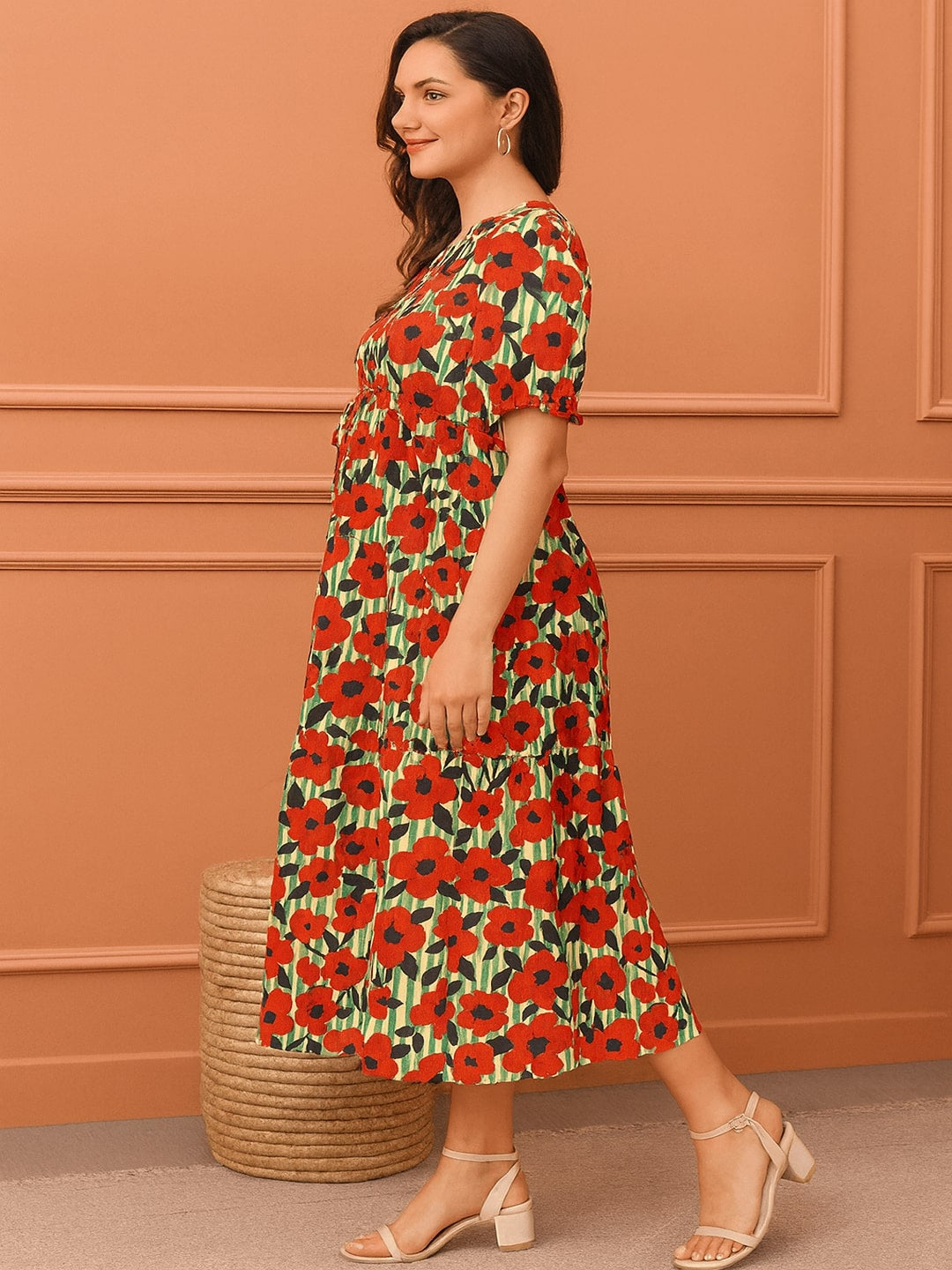 Women Floral Printed Pure Cotton Tiered Fit & Flare Midi Dress