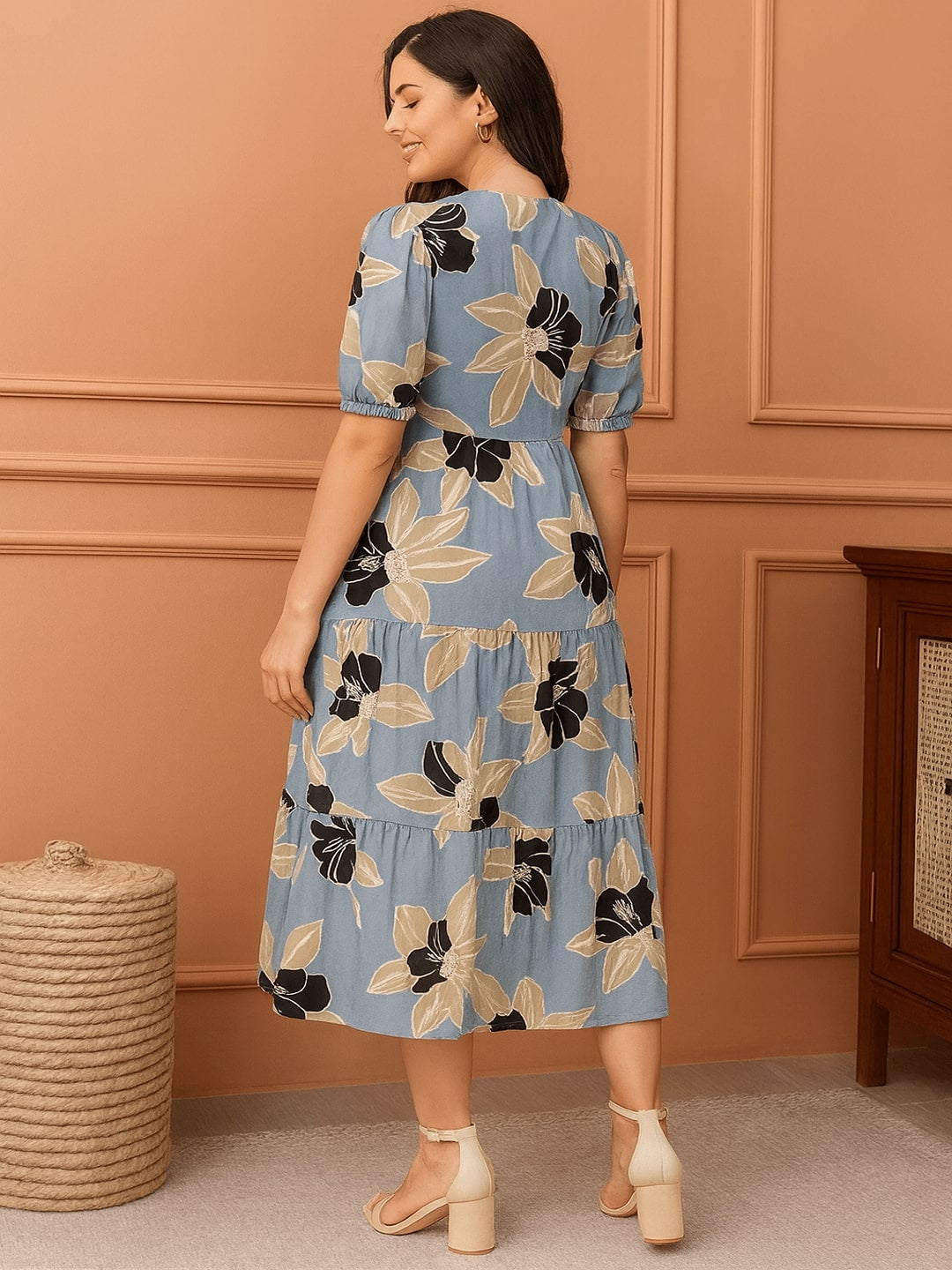 Floral Women Floral Printed Tiered A-Line Midi Dress