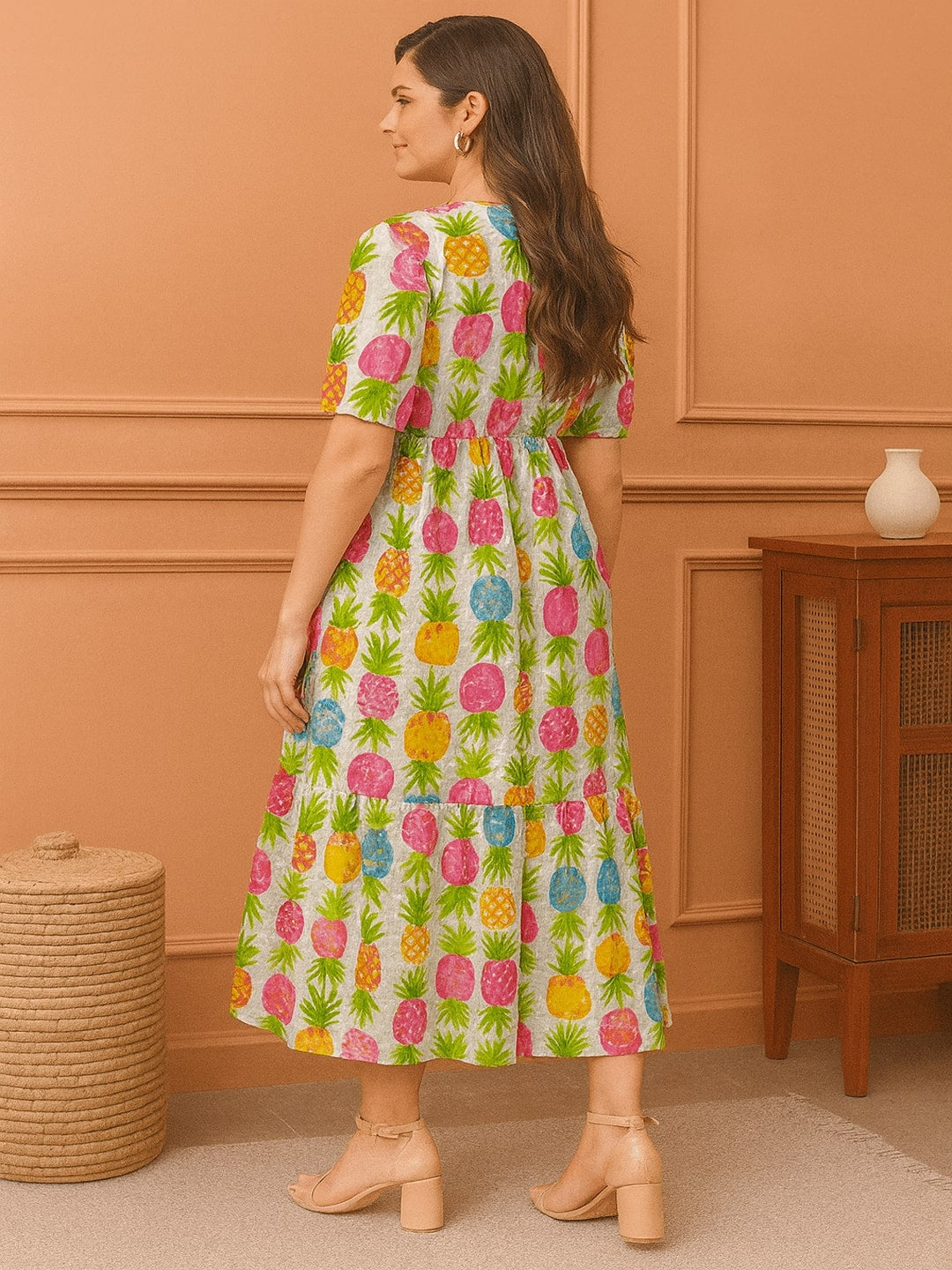 Conversational Printed Puff Sleeve Fit & Flare Midi Dress