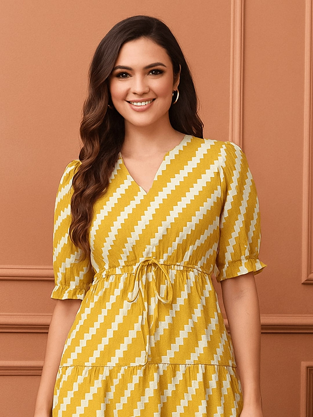 Printed Puff Sleeve Fit & Flare Midi Dress