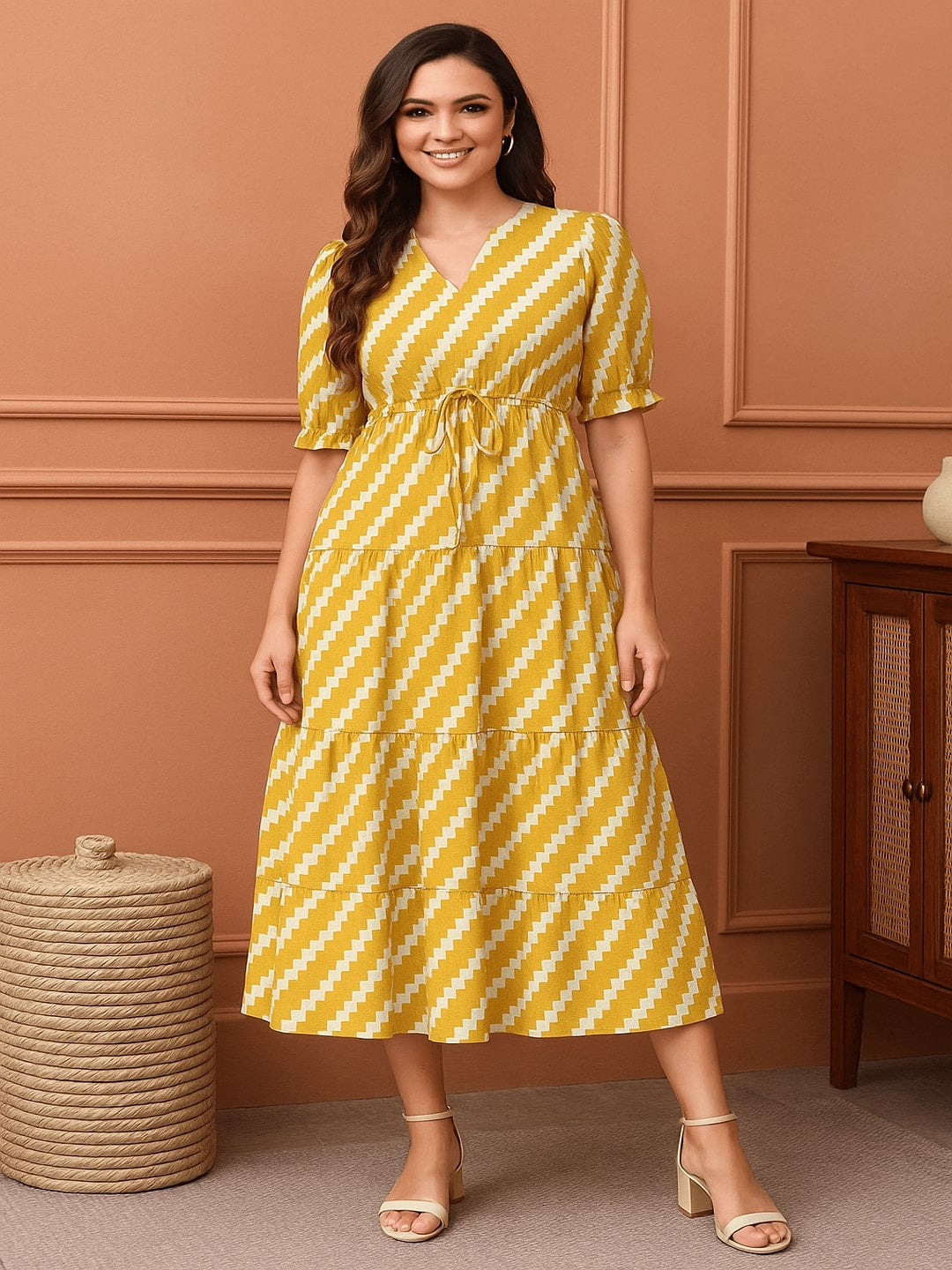 Printed Puff Sleeve Fit & Flare Midi Dress