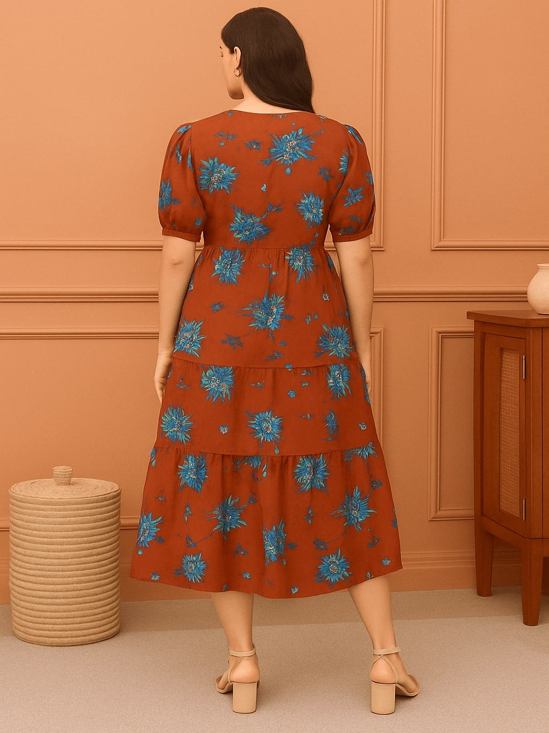 Women Floral Printed Puff Sleeve Fit & Flare Midi Dress