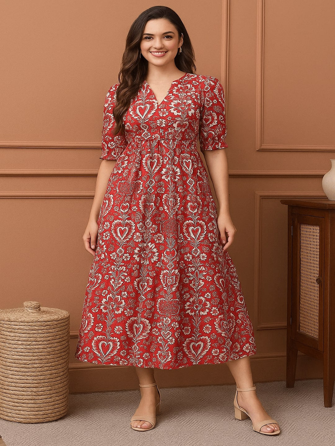 Women Floral Printed Puff Sleeve Cotton Fit & Flare Midi Dress