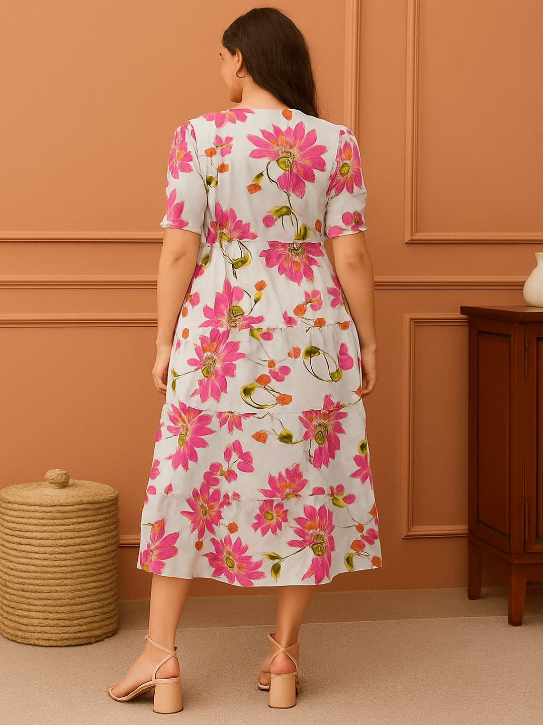 Floral Printed Puff Sleeves Fit & Flare Midi Dress
