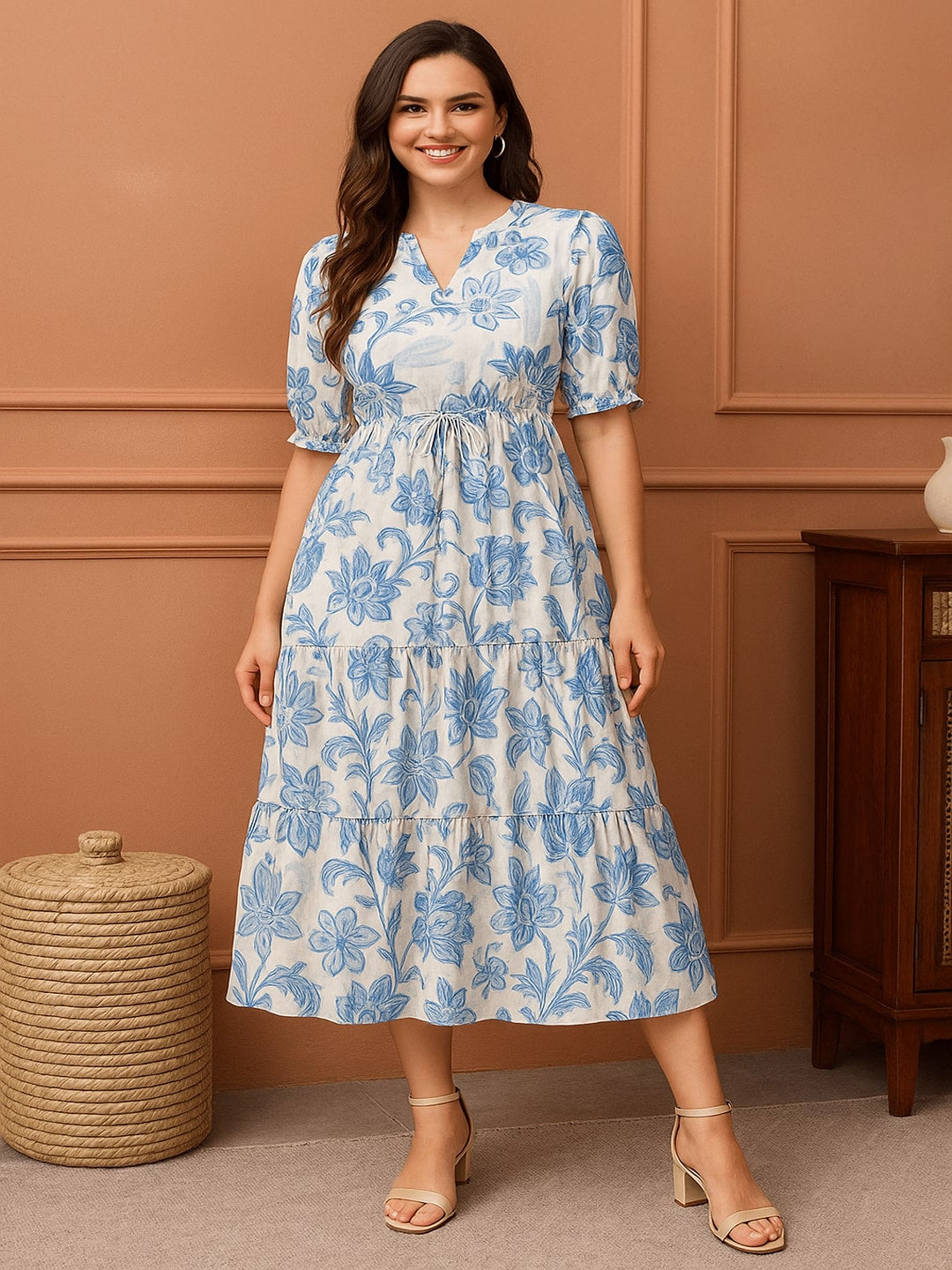Floral Women Floral Printed Tiered A-Line Midi Dress