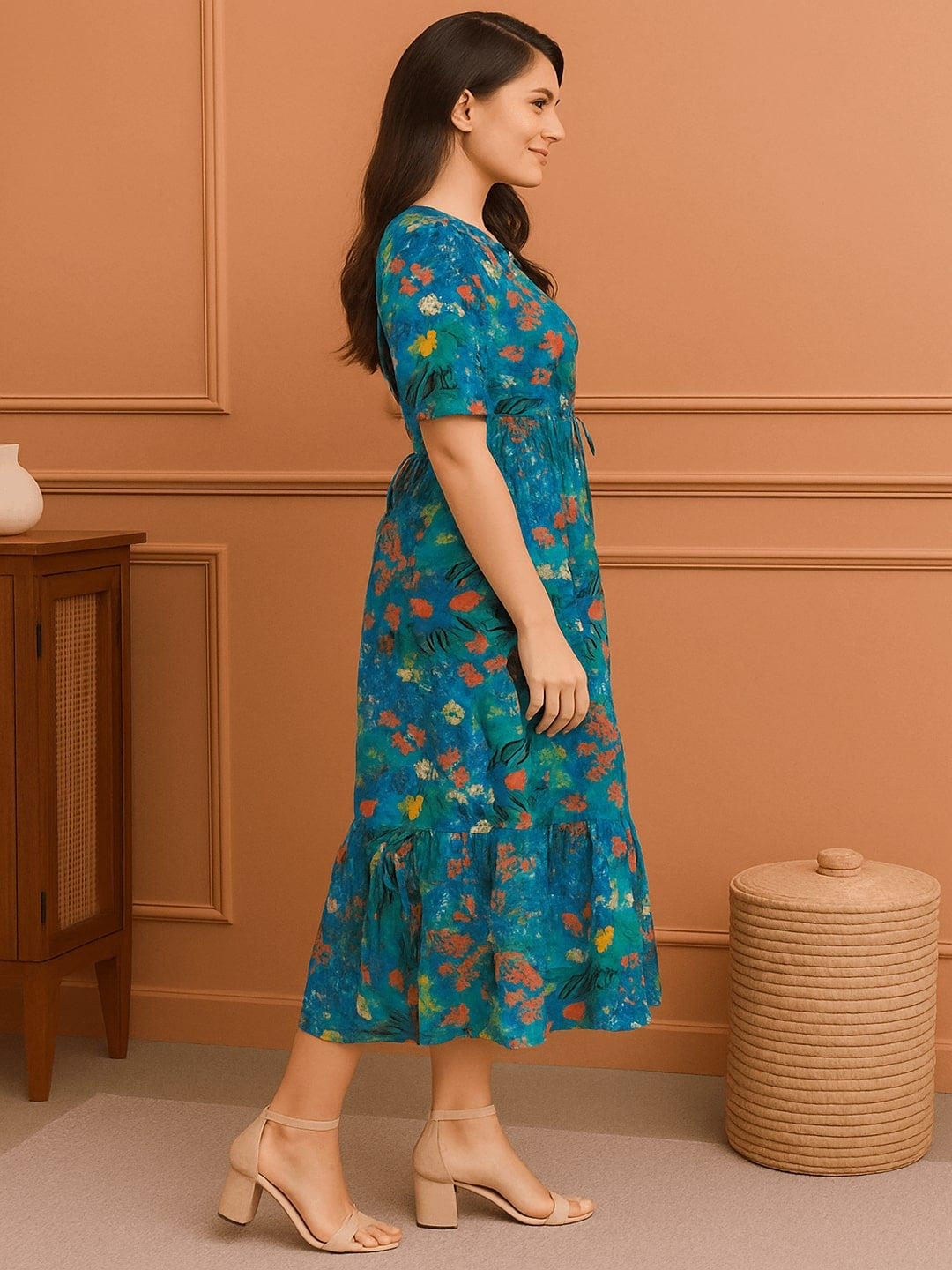 Women Floral Printed Puff Sleeve Cotton Fit & Flare Midi Dress