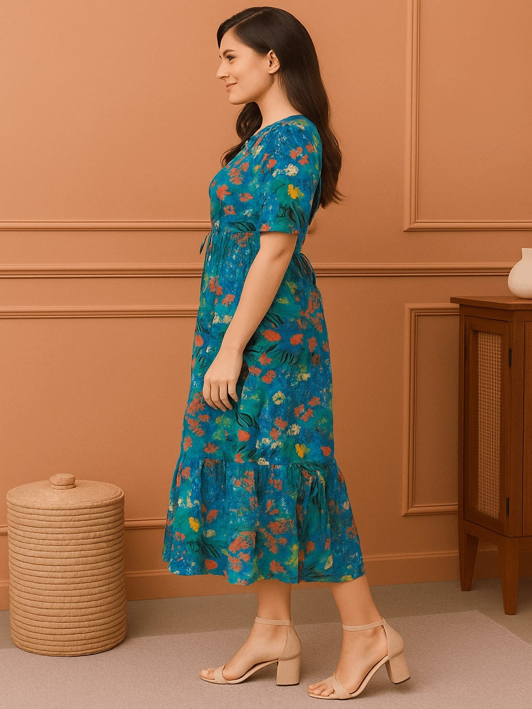 Women Floral Printed Puff Sleeve Cotton Fit & Flare Midi Dress