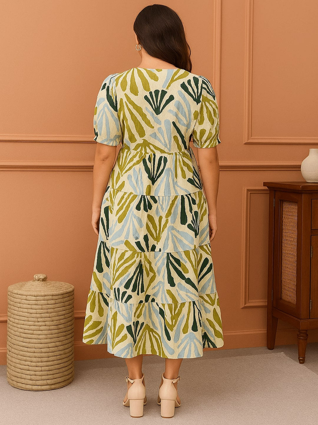 Women Abstract Printed Gathered Cotton Fit & Flare Midi Dress