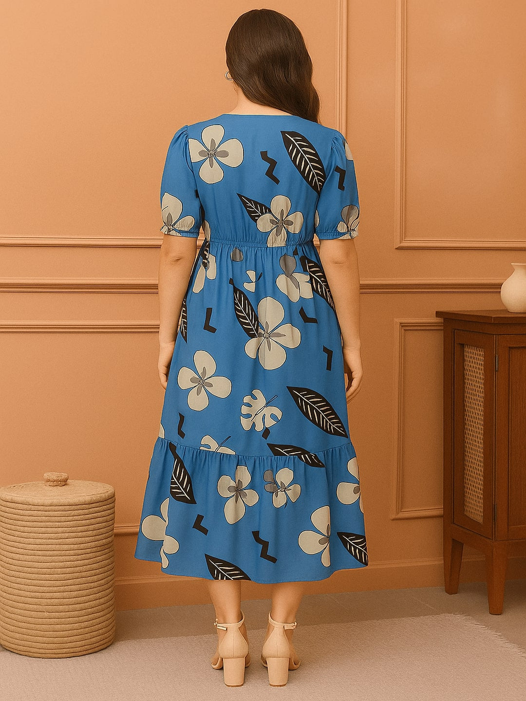 Classic Floral Printed Pure Cotton V- Neck A-Line Midi Dress