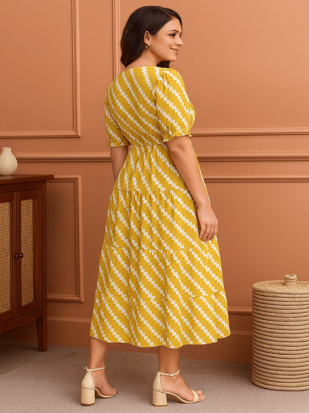 Printed Puff Sleeve Fit & Flare Midi Dress