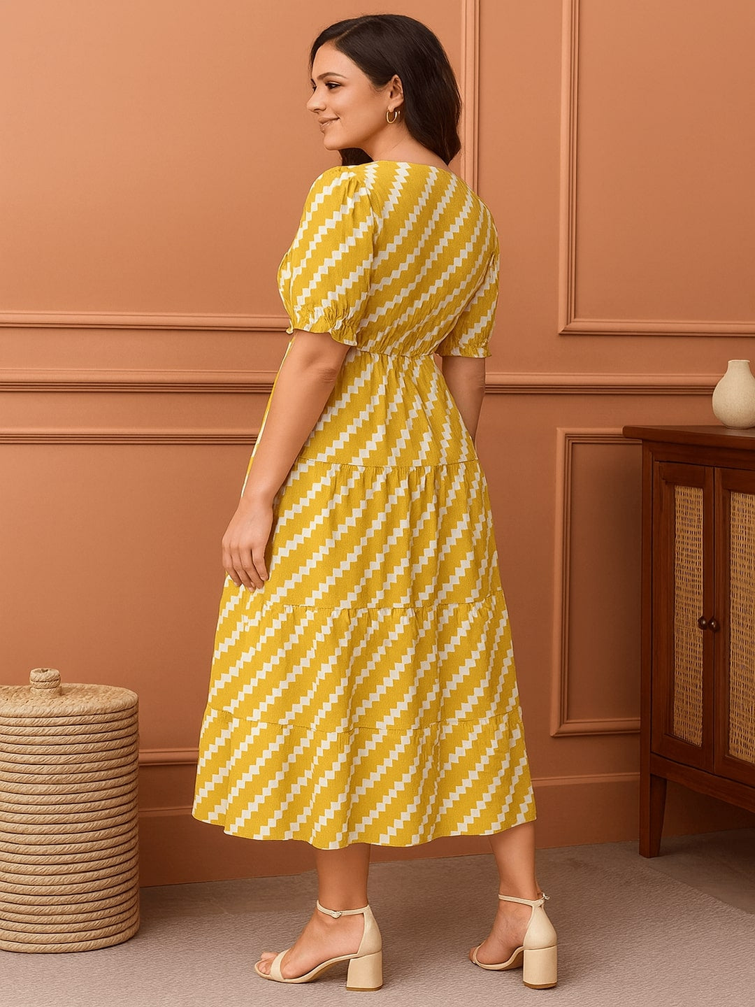 Printed Puff Sleeve Fit & Flare Midi Dress