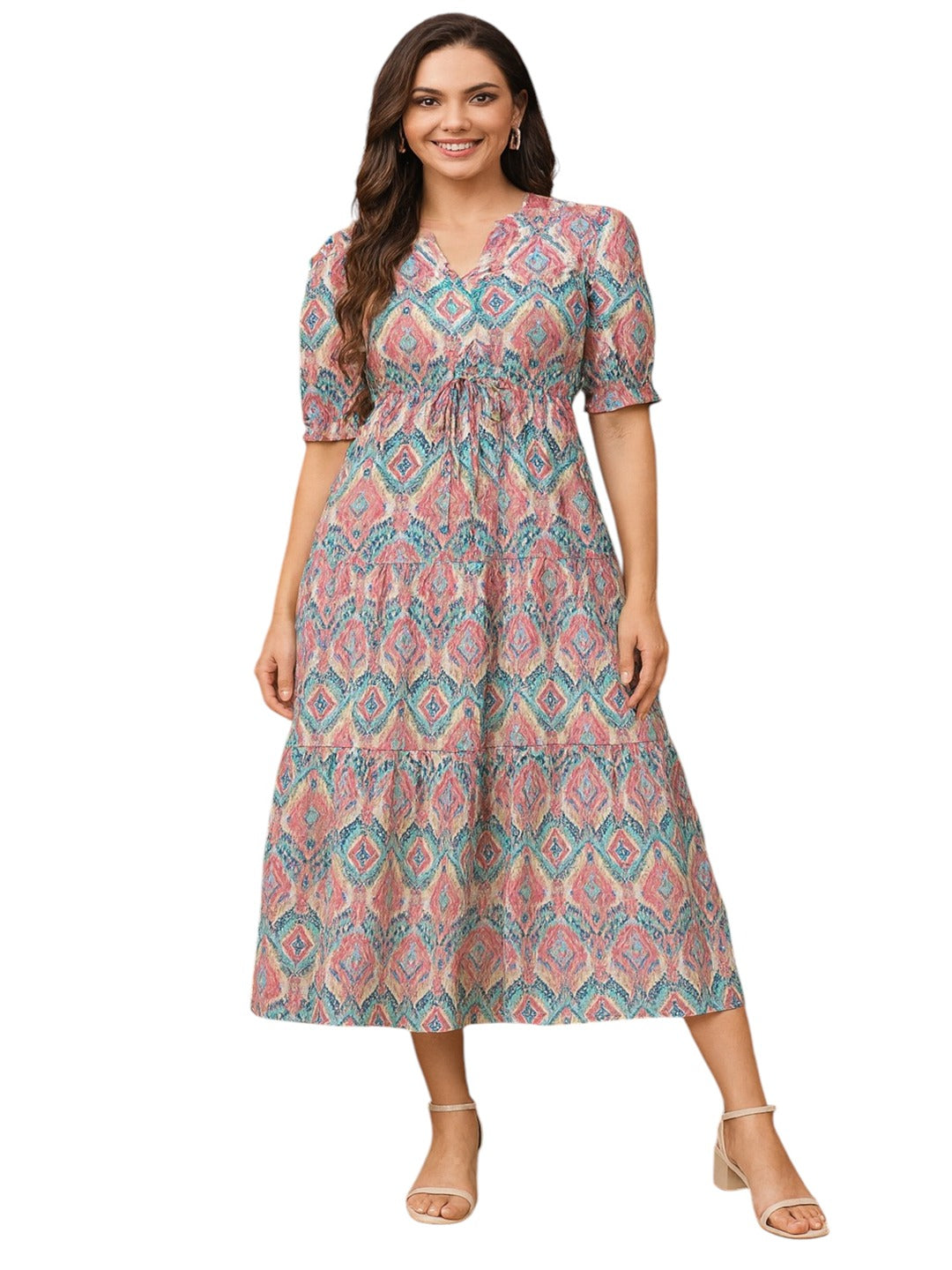 Printed Puff Sleeves Fit & Flare Midi Dress