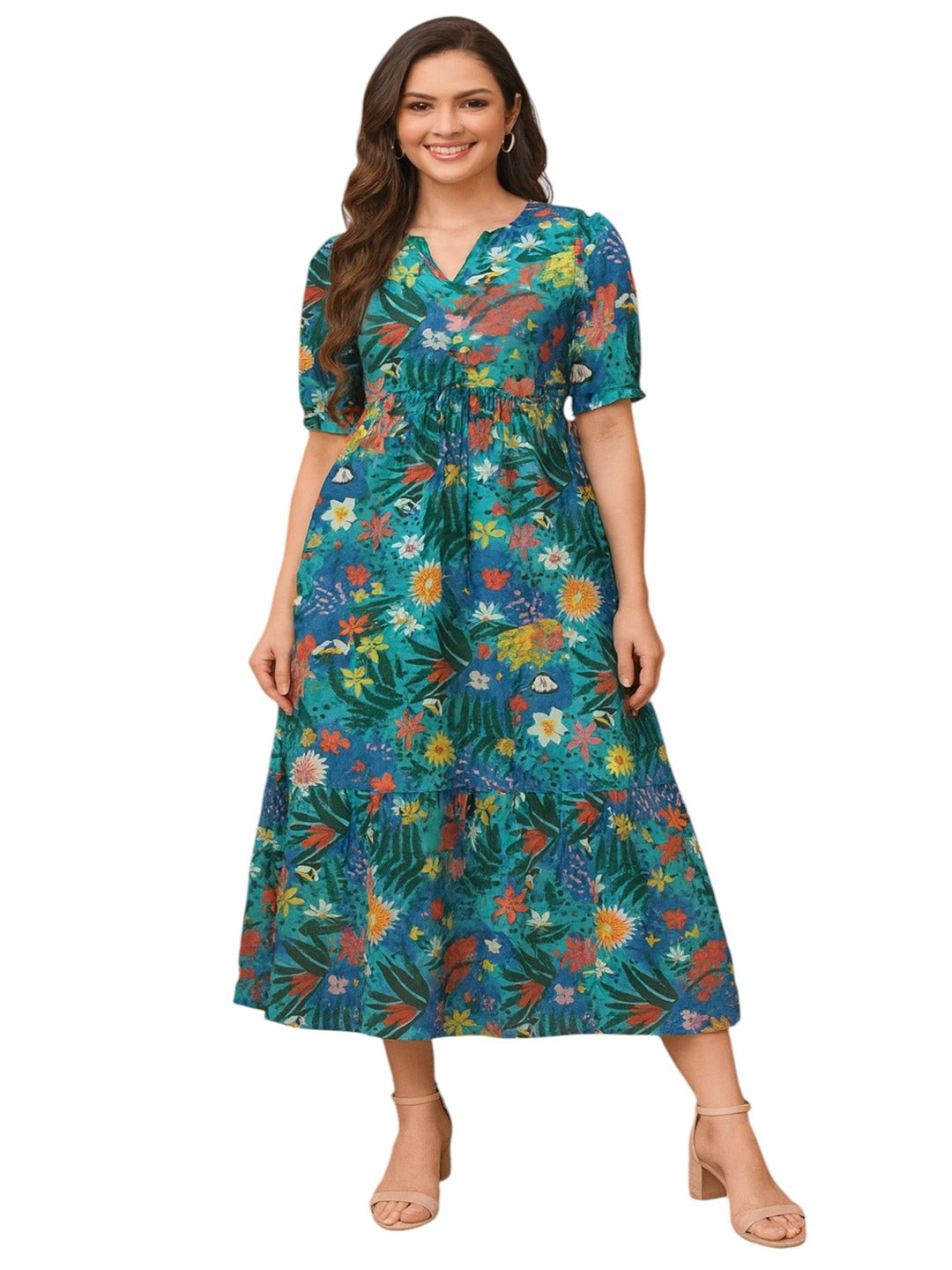 Women Floral Printed Puff Sleeve Cotton Fit & Flare Midi Dress